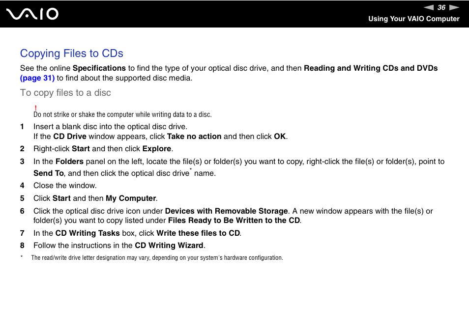 Copying files to cds | Sony VGN-S660P User Manual | Page 36 / 167