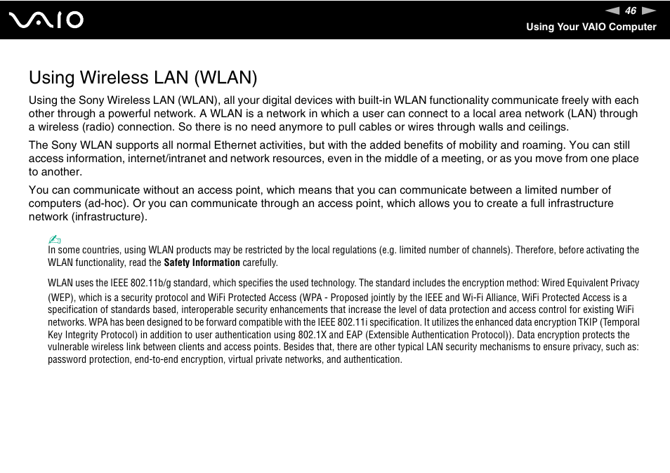 Using wireless lan (wlan) | Sony VGN-S660P User Manual | Page 46 / 167