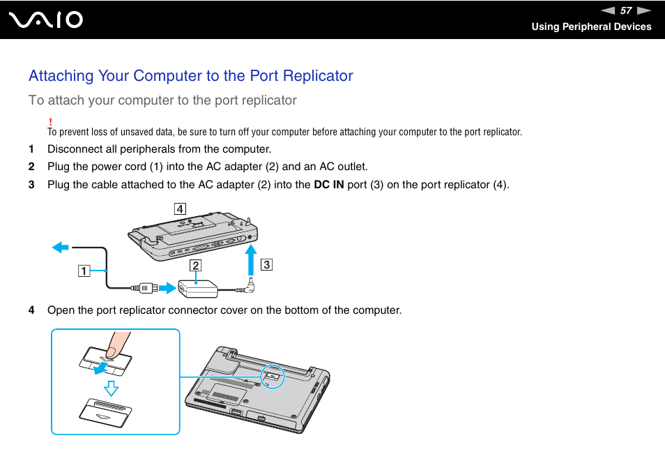 Attaching your computer to the port replicator | Sony VGN-S660P User Manual | Page 57 / 167