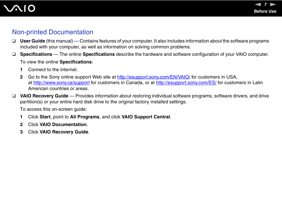 Non-printed documentation | Sony VGN-S660P User Manual | Page 7 / 167