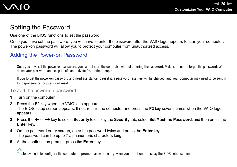 Setting the password, Adding the power-on password | Sony VGN-S660P User Manual | Page 79 / 167