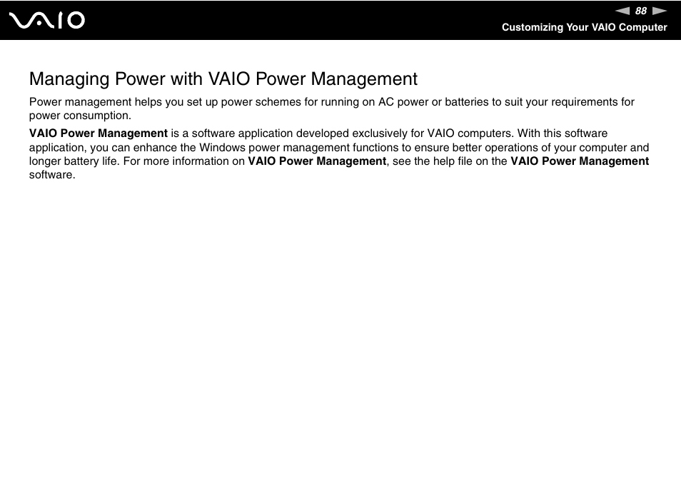 Managing power with vaio power management | Sony VGN-S660P User Manual | Page 88 / 167