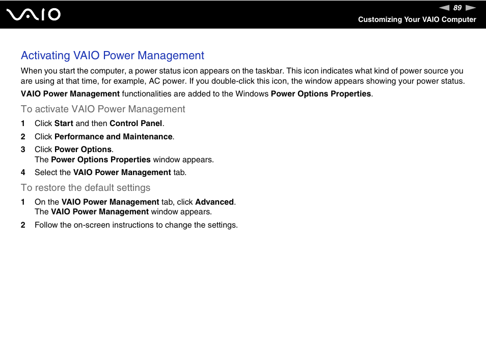 Activating vaio power management | Sony VGN-S660P User Manual | Page 89 / 167