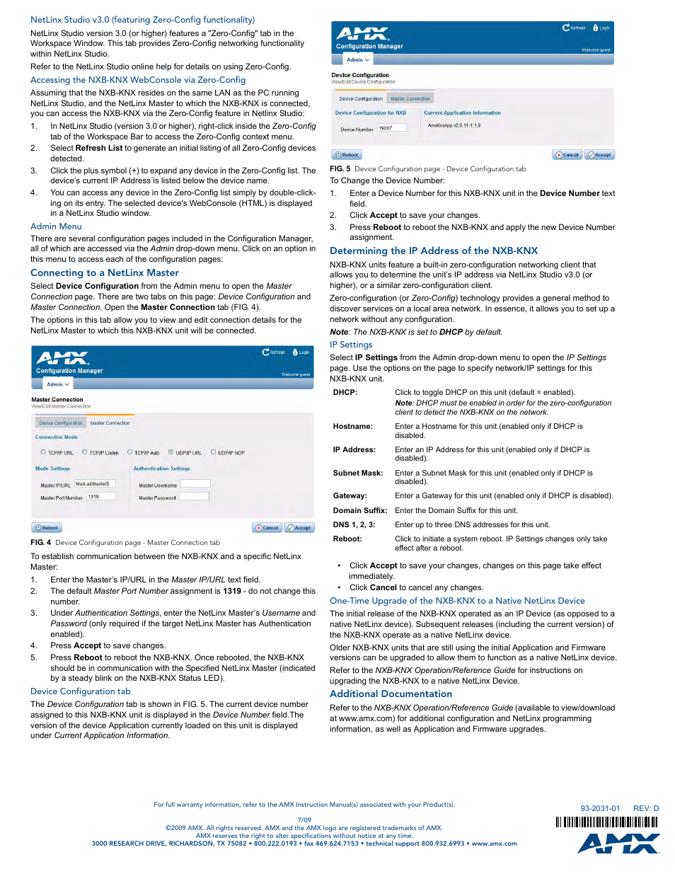 Accessing the nxb-knx webconsole via zero-config, Admin menu, Connecting to a netlinx master | Device configuration tab, Determining the ip address of the nxb-knx, Ip settings, Additional documentation | AMX NetLinx Interface NXB-KNX User Manual | Page 2 / 2