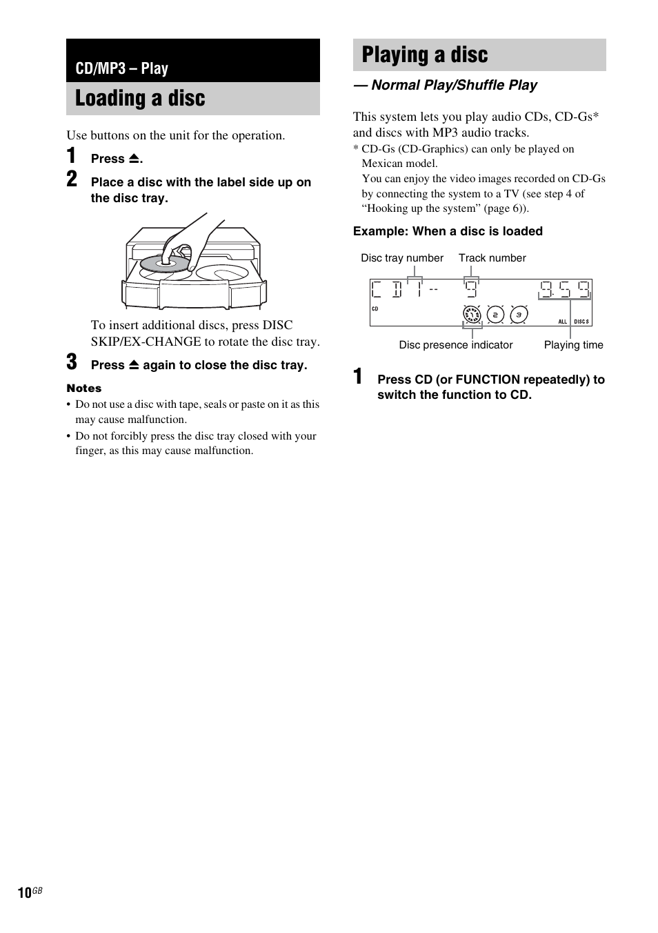 Cd/mp3 - play, Loading a disc, Playing a disc | Normal play/shuffle play, Cd/mp3 – play, Loading a disc playing a disc | Sony MHC-GX555 User Manual | Page 10 / 44