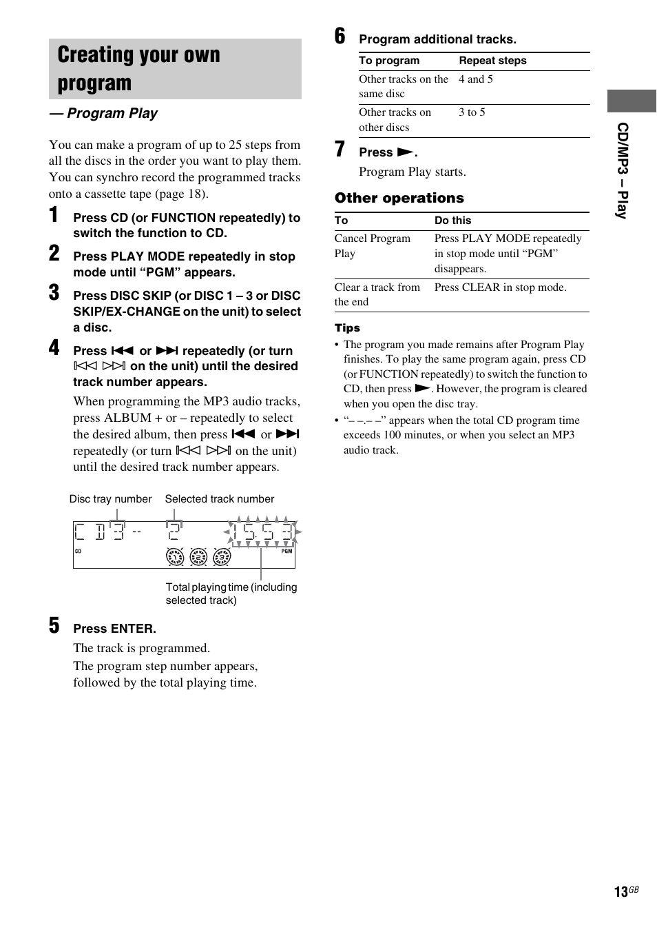 Creating your own program, Program play | Sony MHC-GX555 User Manual | Page 13 / 44