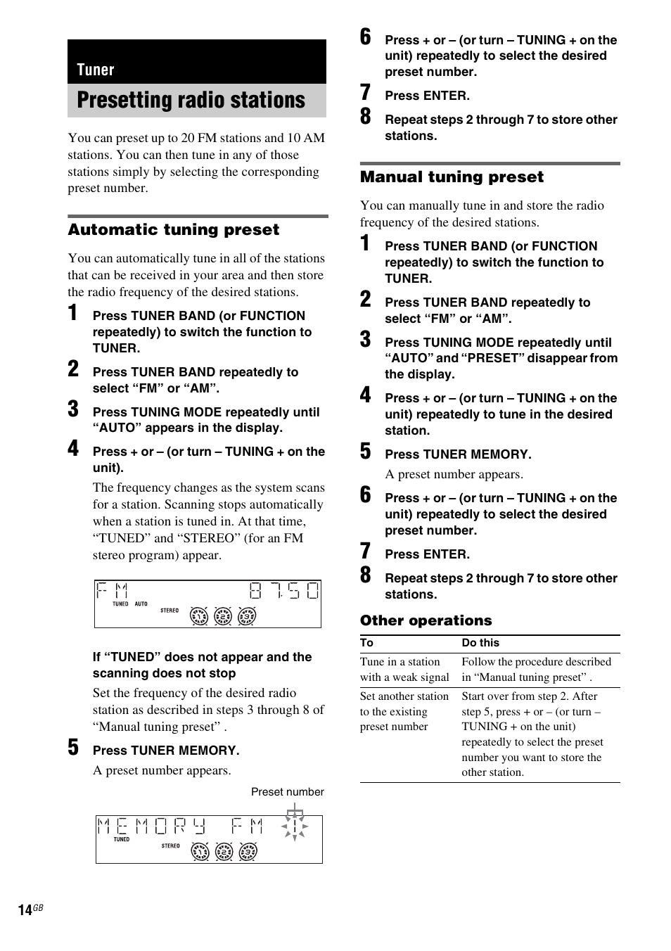 Tuner, Presetting radio stations | Sony MHC-GX555 User Manual | Page 14 / 44