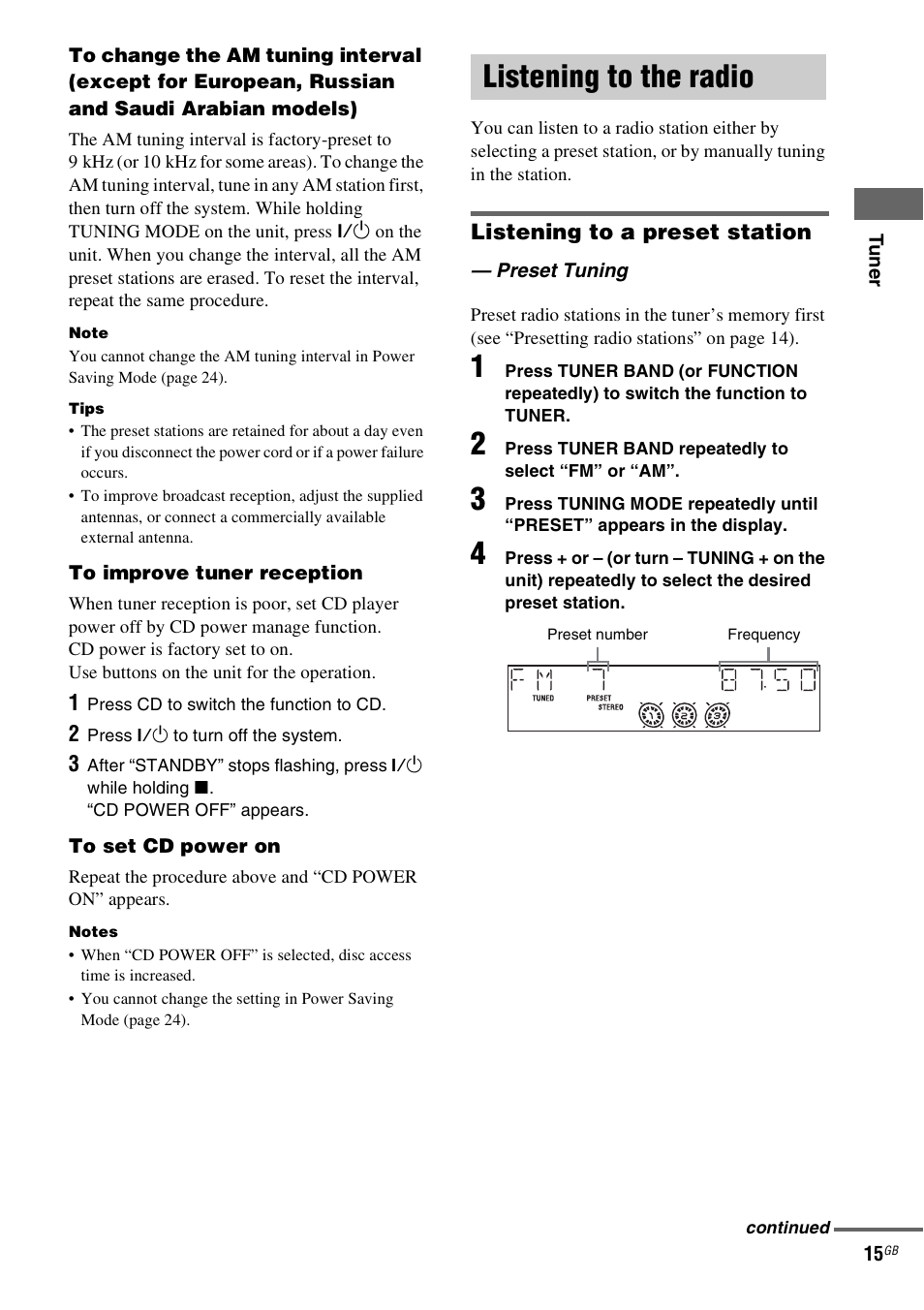 Listening to the radio, Preset tuning | Sony MHC-GX555 User Manual | Page 15 / 44