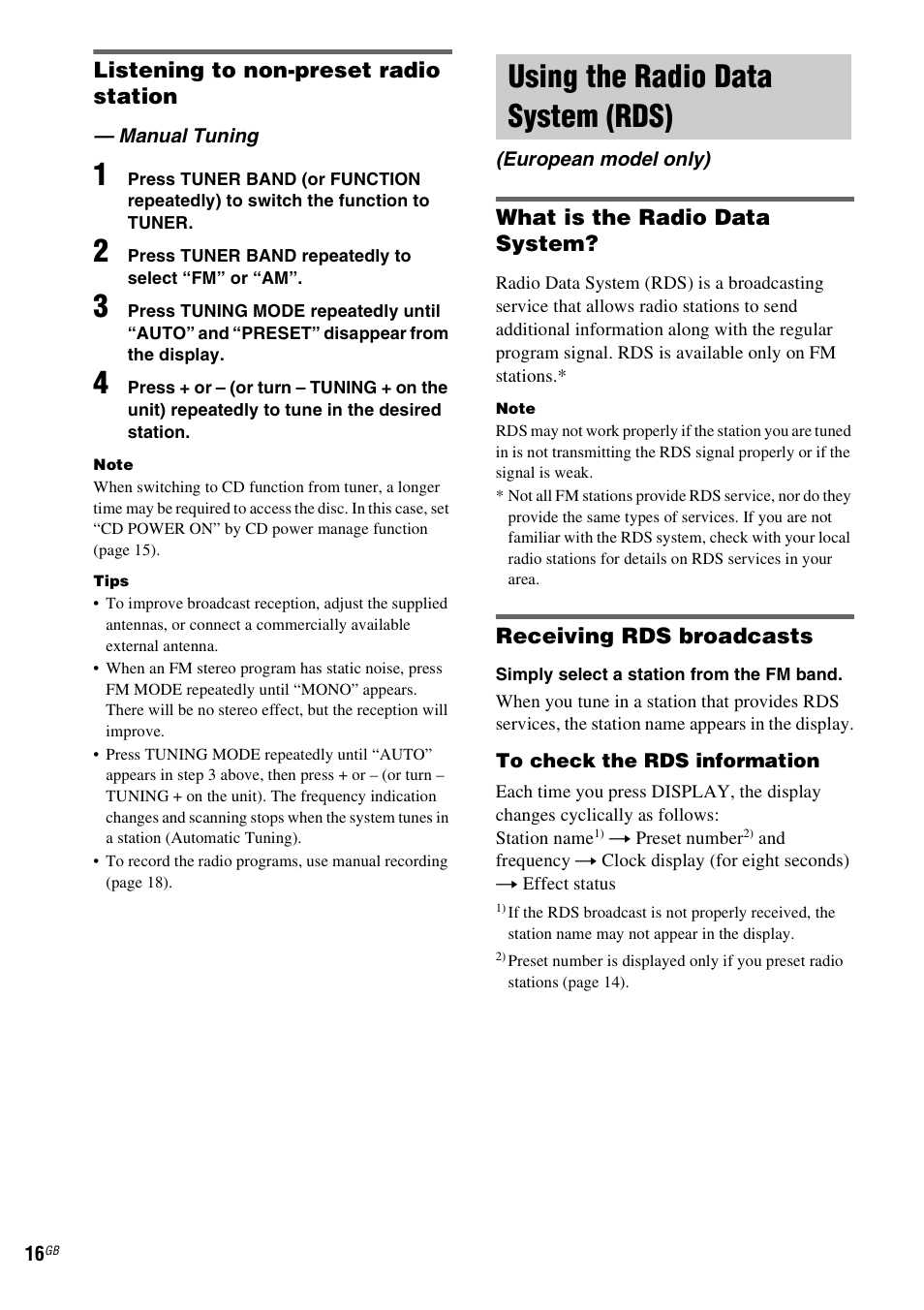 Manual tuning, Using the radio data system (rds), European model only) | Listening to non-preset radio station, What is the radio data system, Receiving rds broadcasts | Sony MHC-GX555 User Manual | Page 16 / 44