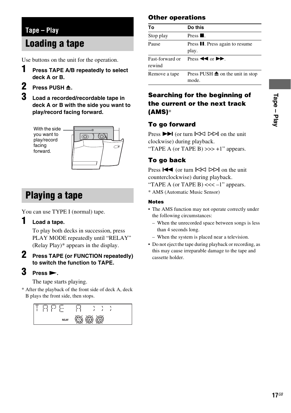 Tape - play, Loading a tape, Playing a tape | Tape – play, Loading a tape playing a tape | Sony MHC-GX555 User Manual | Page 17 / 44