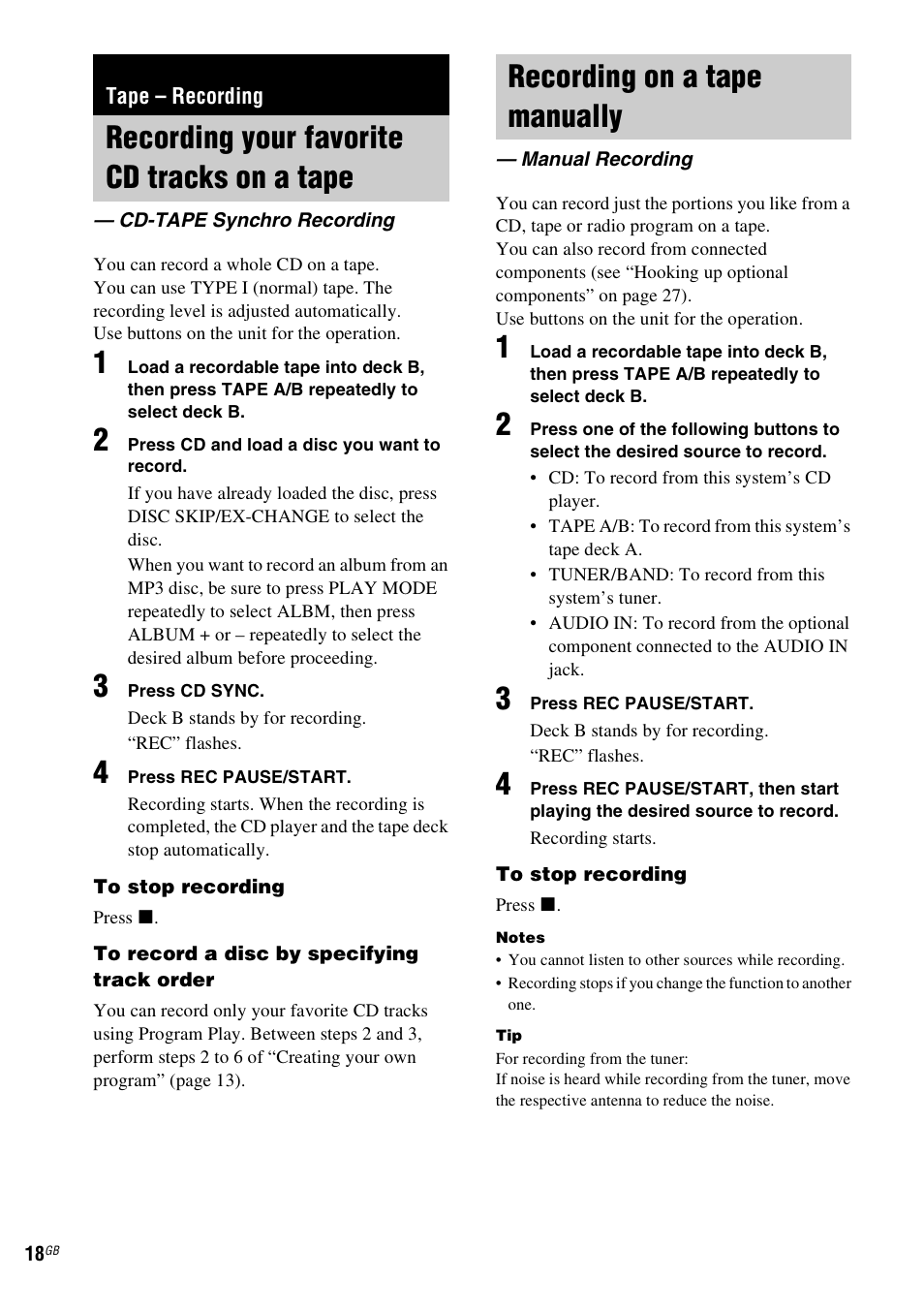 Tape - recording, Recording your favorite cd tracks on a tape, Cd-tape synchro recording | Recording on a tape manually, Manual recording, Tape – recording, Recording your favorite cd tracks on a, Tape — cd-tape synchro recording | Sony MHC-GX555 User Manual | Page 18 / 44