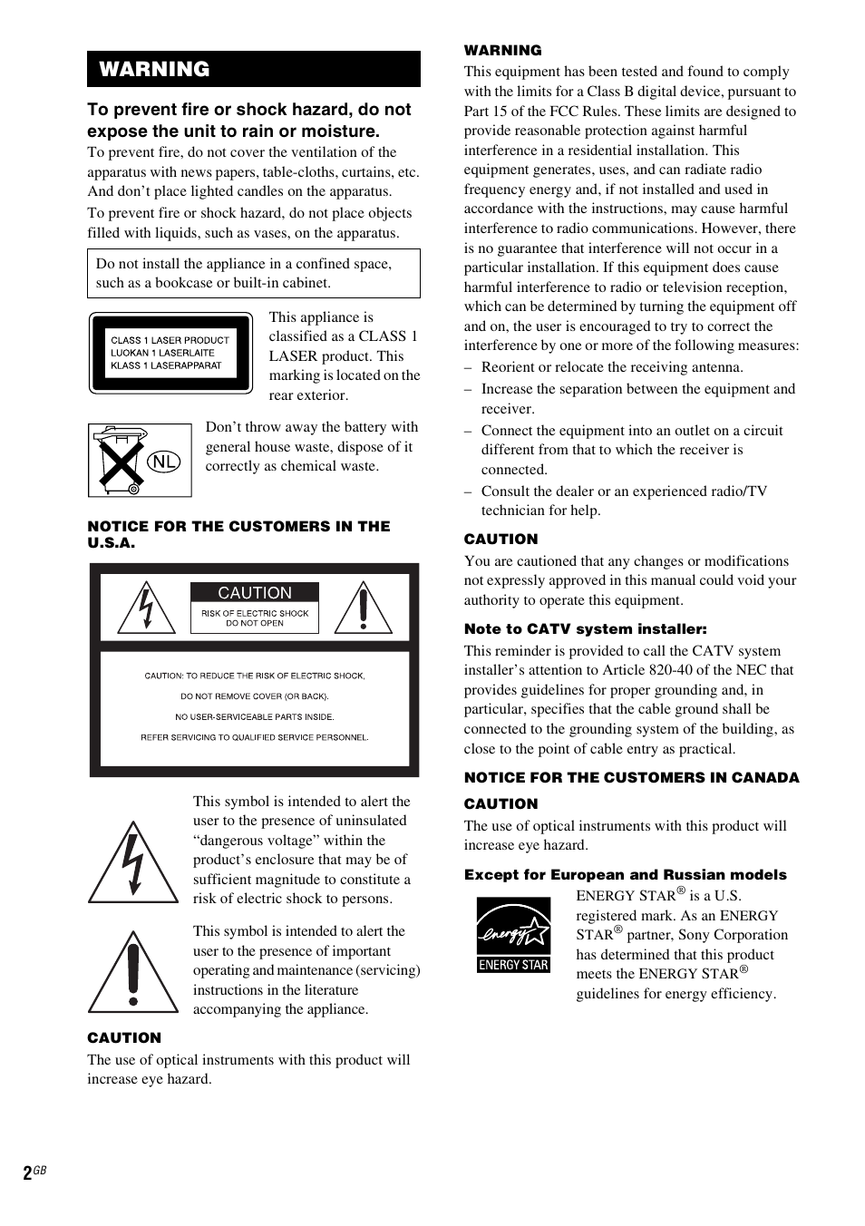 Warning | Sony MHC-GX555 User Manual | Page 2 / 44