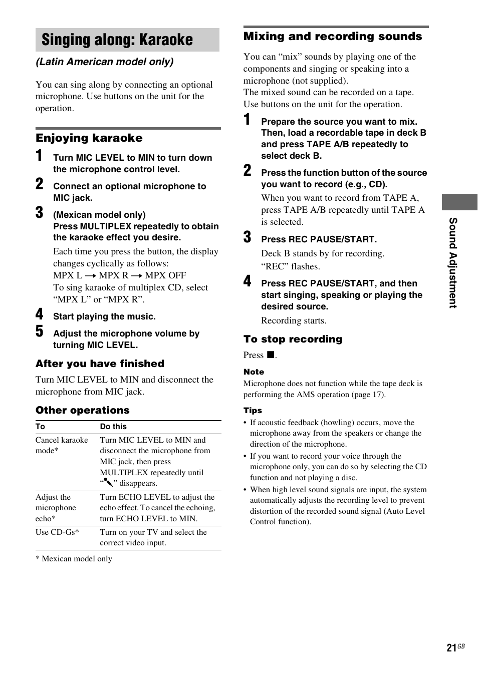 Singing along: karaoke, Latin american model only) | Sony MHC-GX555 User Manual | Page 21 / 44