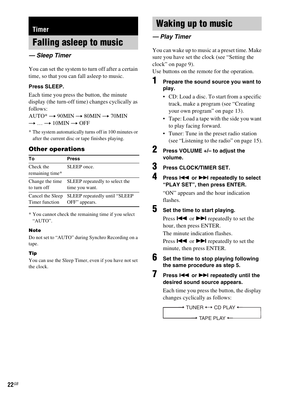 Timer, Falling asleep to music, Sleep timer | Waking up to music, Play timer | Sony MHC-GX555 User Manual | Page 22 / 44