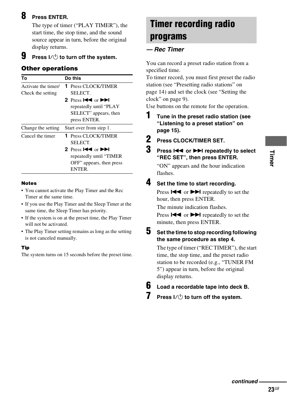 Timer recording radio programs, Rec timer | Sony MHC-GX555 User Manual | Page 23 / 44