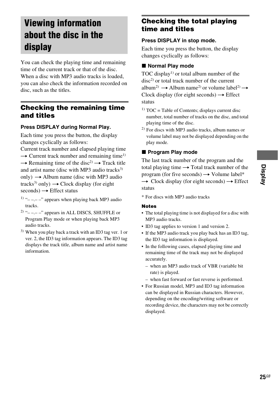 Viewing information about the disc in the display, Viewing information about the disc in the, Display | Checking the remaining time and titles, Checking the total playing time and titles | Sony MHC-GX555 User Manual | Page 25 / 44