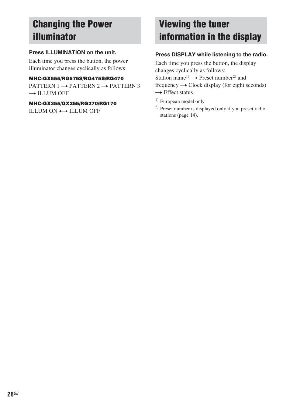 Changing the power illuminator, Viewing the tuner information in the display, Display | Sony MHC-GX555 User Manual | Page 26 / 44