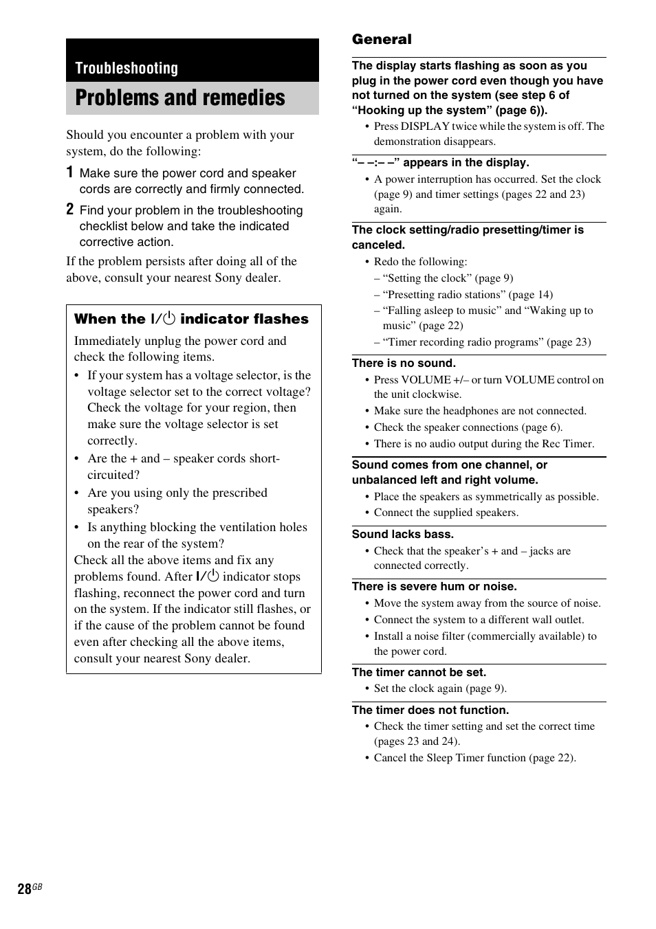 Troubleshooting, Problems and remedies | Sony MHC-GX555 User Manual | Page 28 / 44