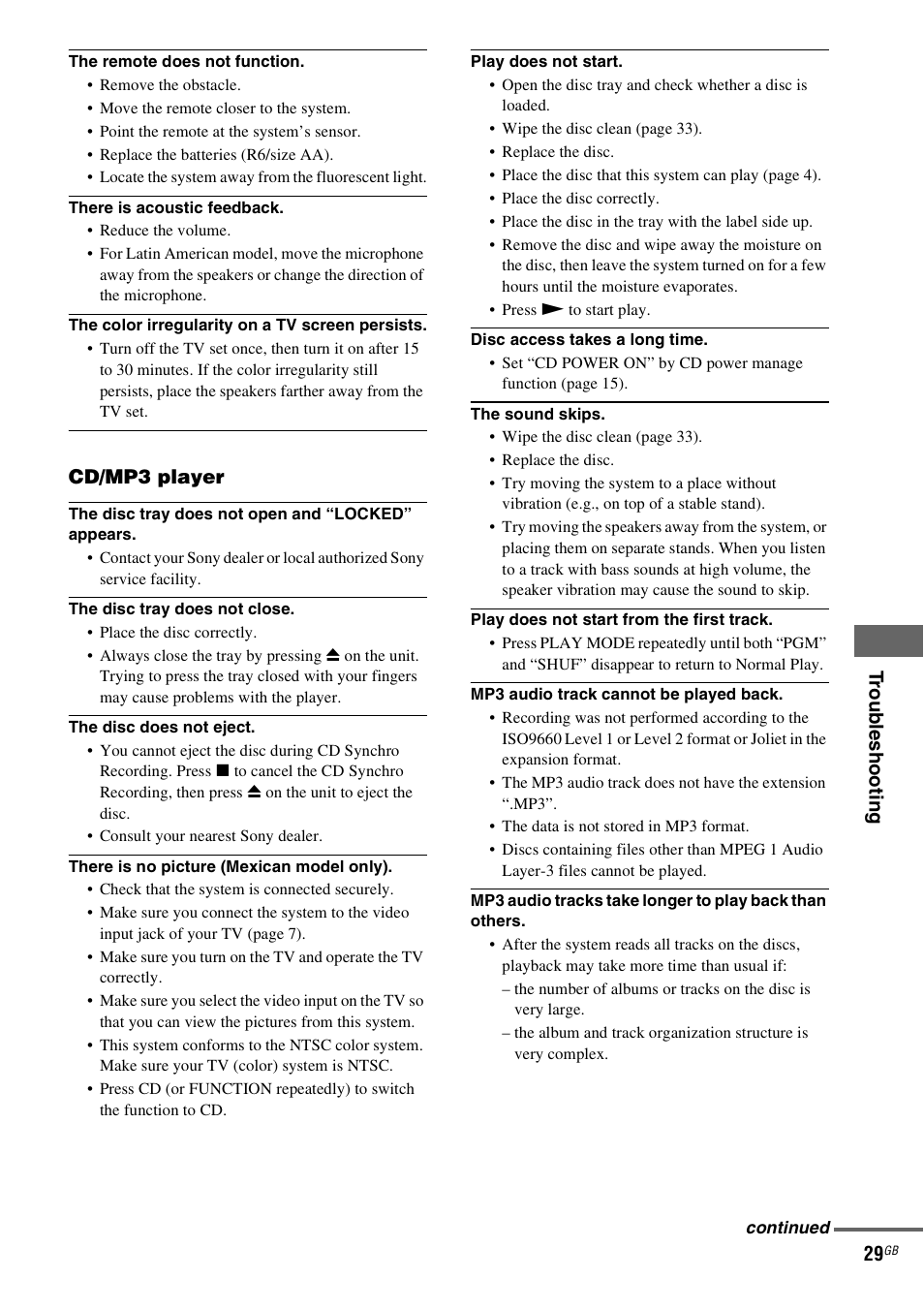 Troub lesh ootin g 29, Cd/mp3 player | Sony MHC-GX555 User Manual | Page 29 / 44