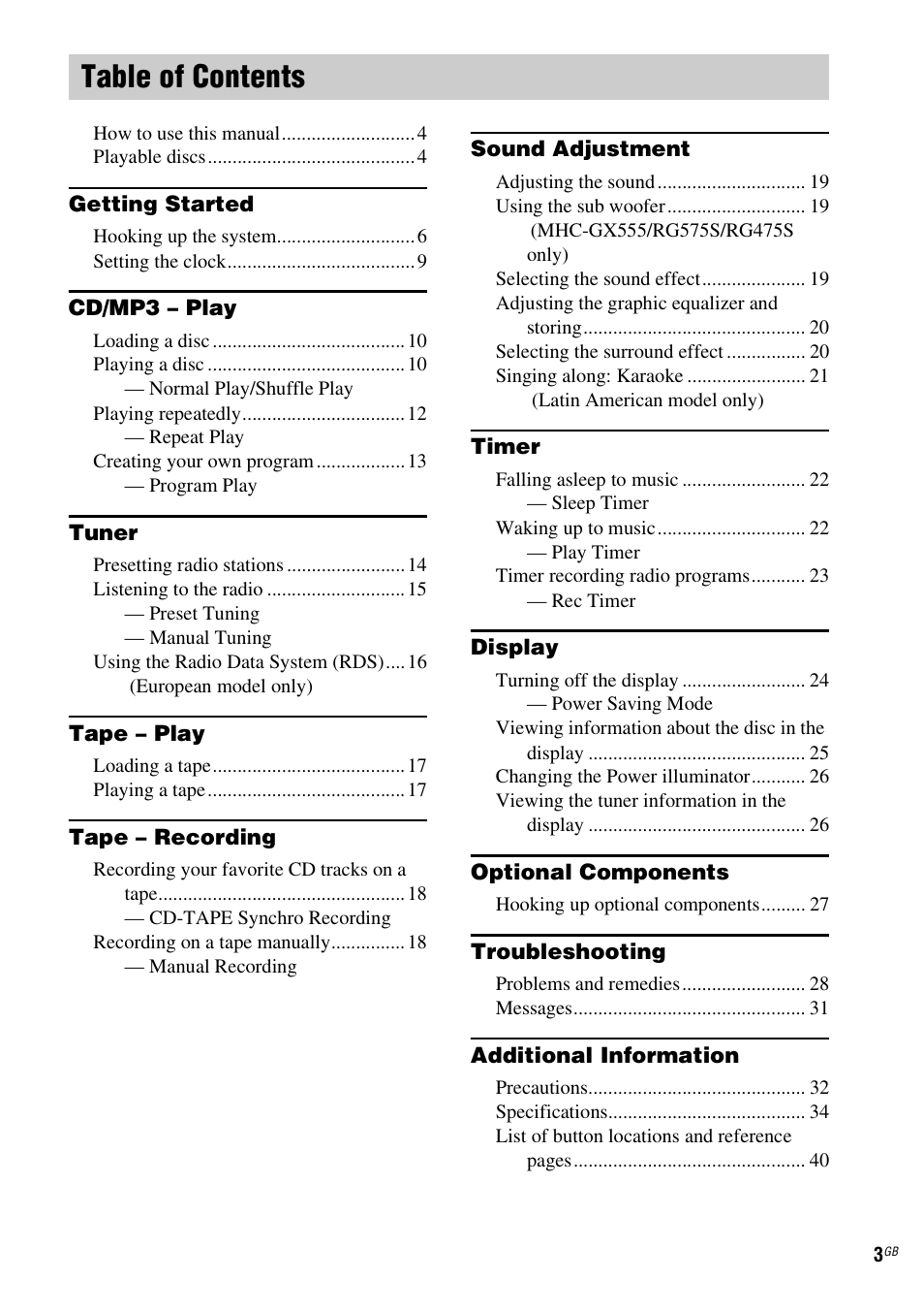 Sony MHC-GX555 User Manual | Page 3 / 44