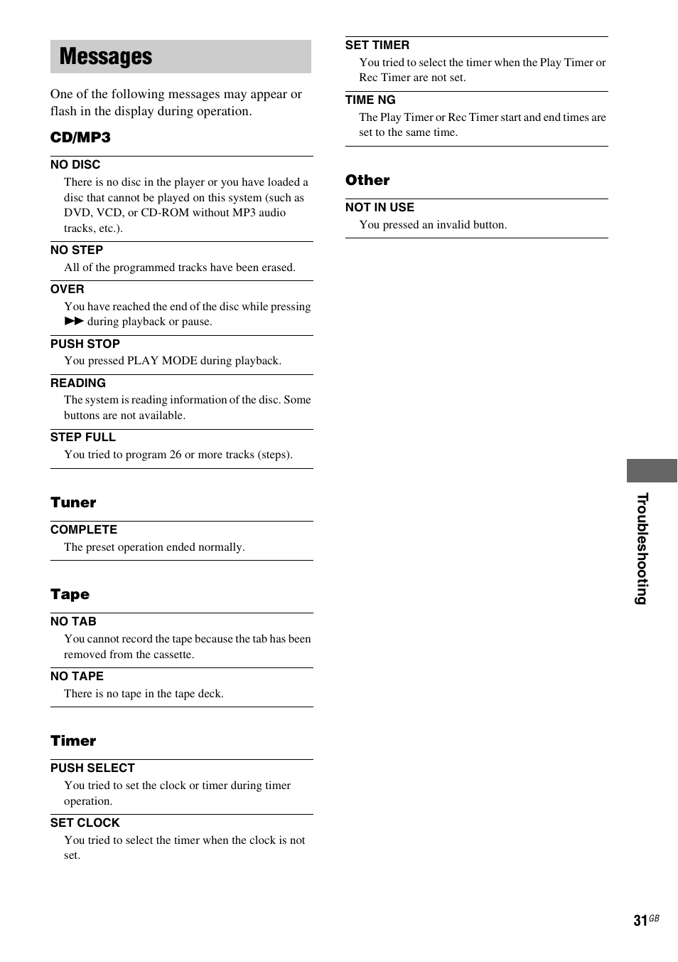Messages | Sony MHC-GX555 User Manual | Page 31 / 44