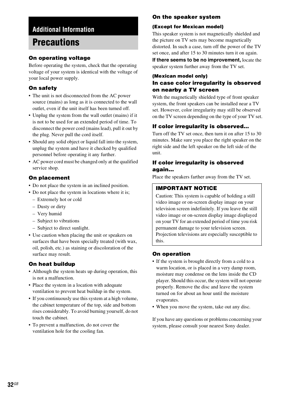 Additional information, Precautions | Sony MHC-GX555 User Manual | Page 32 / 44