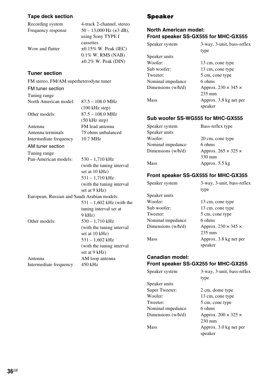 Speaker | Sony MHC-GX555 User Manual | Page 36 / 44