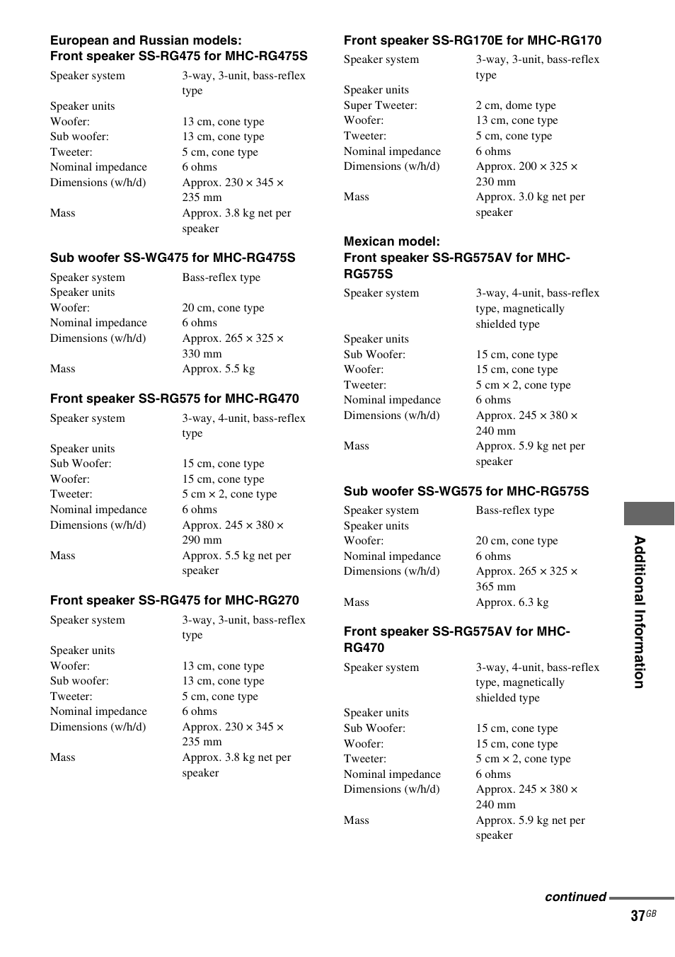 Ad di tiona l inf o rma tion 37 | Sony MHC-GX555 User Manual | Page 37 / 44