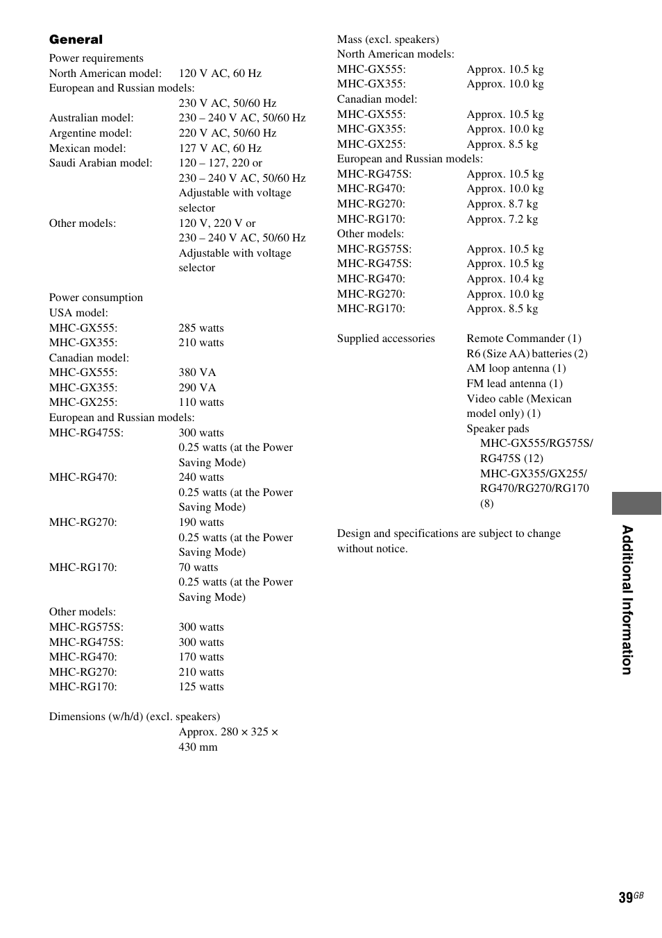 Ad di tiona l inf o rma tion 39 | Sony MHC-GX555 User Manual | Page 39 / 44