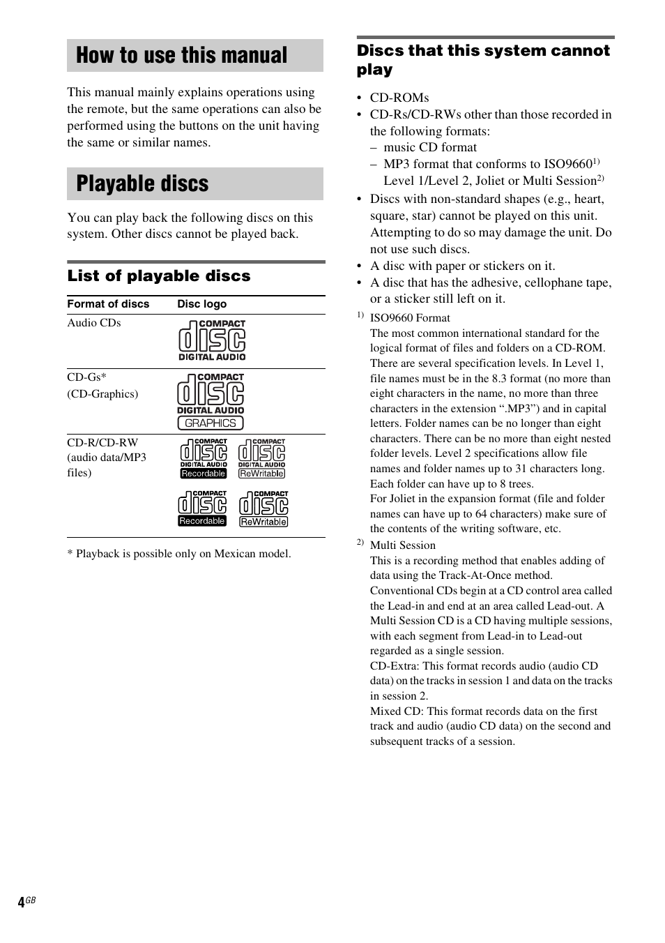 How to use this manual, Playable discs, How to use this manual playable discs | List of playable discs, Discs that this system cannot play | Sony MHC-GX555 User Manual | Page 4 / 44