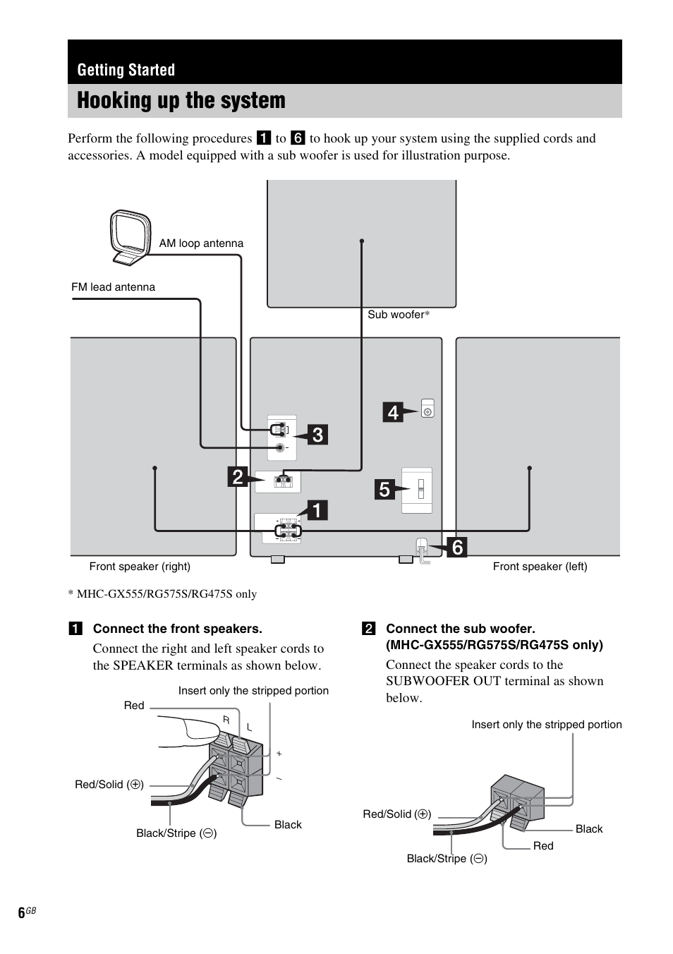 Getting started, Hooking up the system | Sony MHC-GX555 User Manual | Page 6 / 44