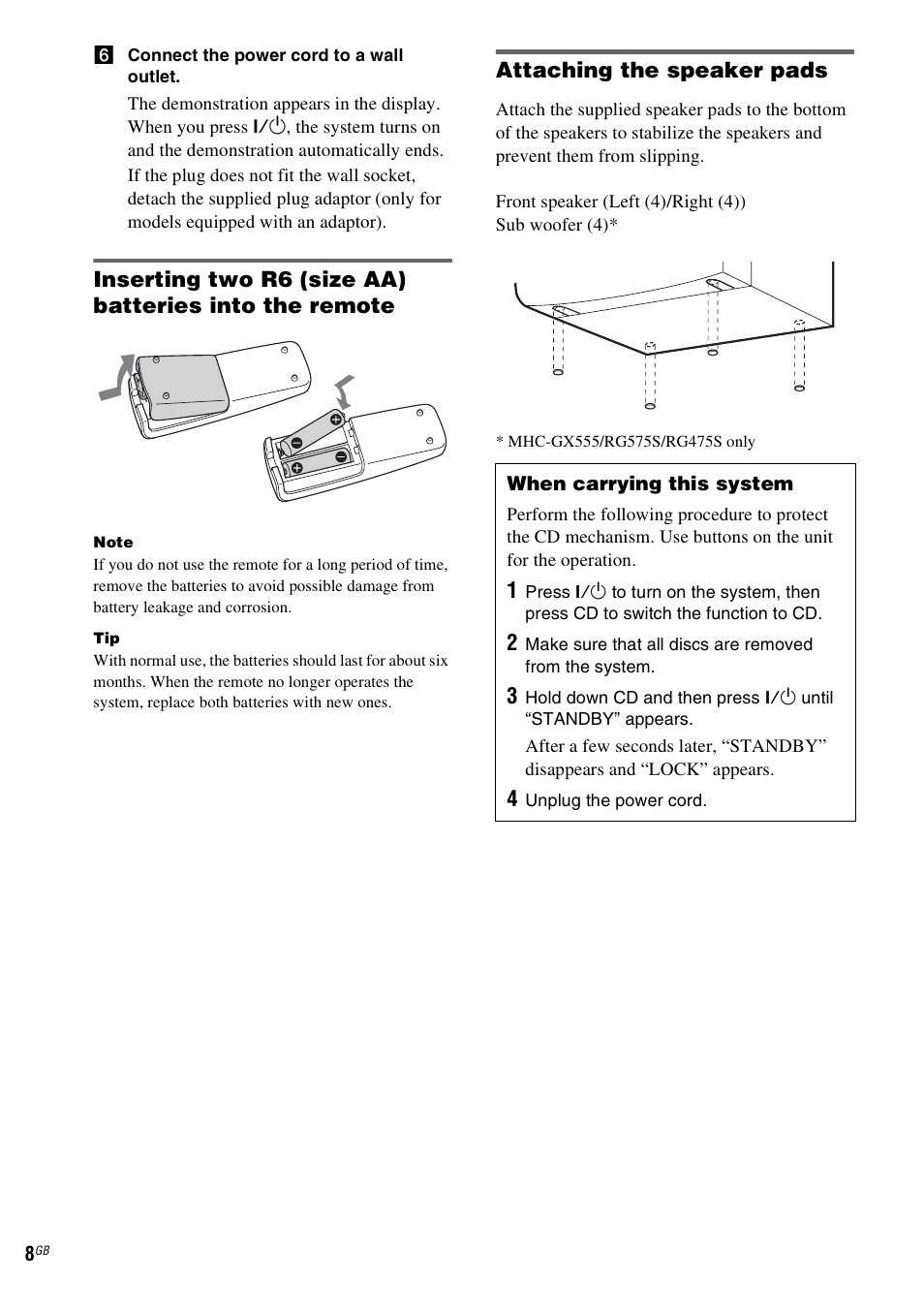 Attaching the speaker pads | Sony MHC-GX555 User Manual | Page 8 / 44