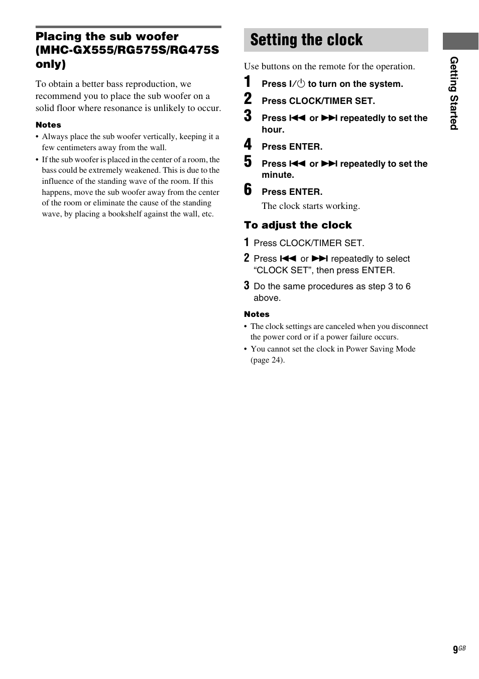 Setting the clock | Sony MHC-GX555 User Manual | Page 9 / 44