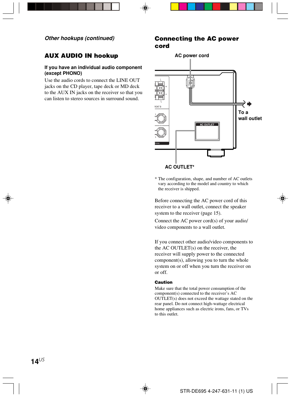 Connecting the ac power cord, Aux audio in hookup, Other hookups (continued) | Sony STR-DE695 User Manual | Page 14 / 60