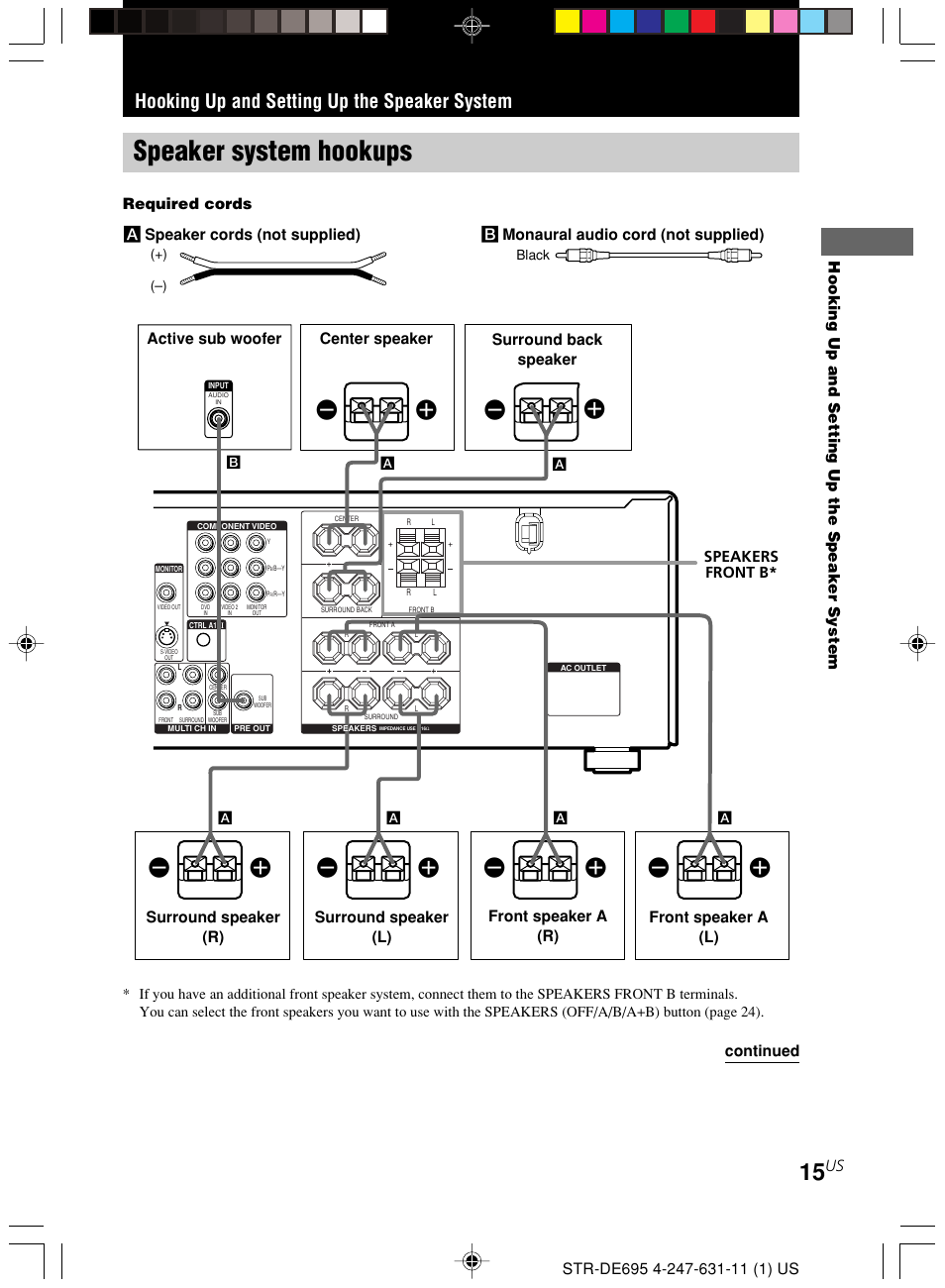 Hooking up and setting up the speaker system, Speaker system hookups, Ee e e | Sony STR-DE695 User Manual | Page 15 / 60