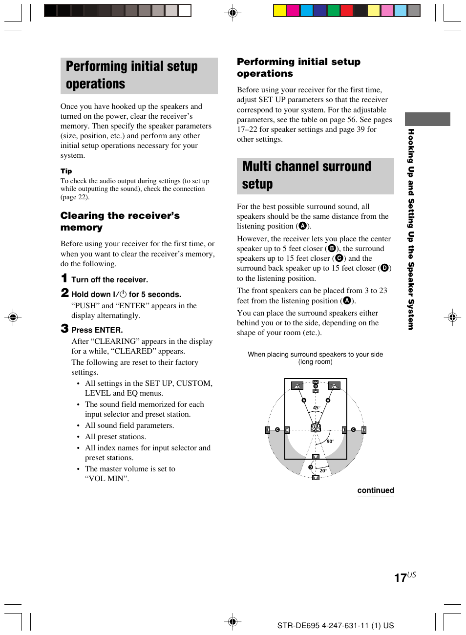 Performing initial setup operations, Multi channel surround setup | Sony STR-DE695 User Manual | Page 17 / 60