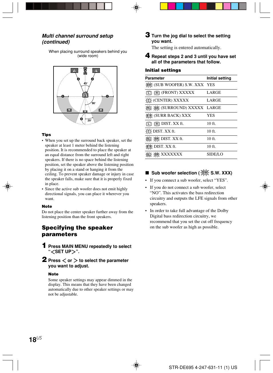 Specifying the speaker parameters, Multi channel surround setup (continued) | Sony STR-DE695 User Manual | Page 18 / 60