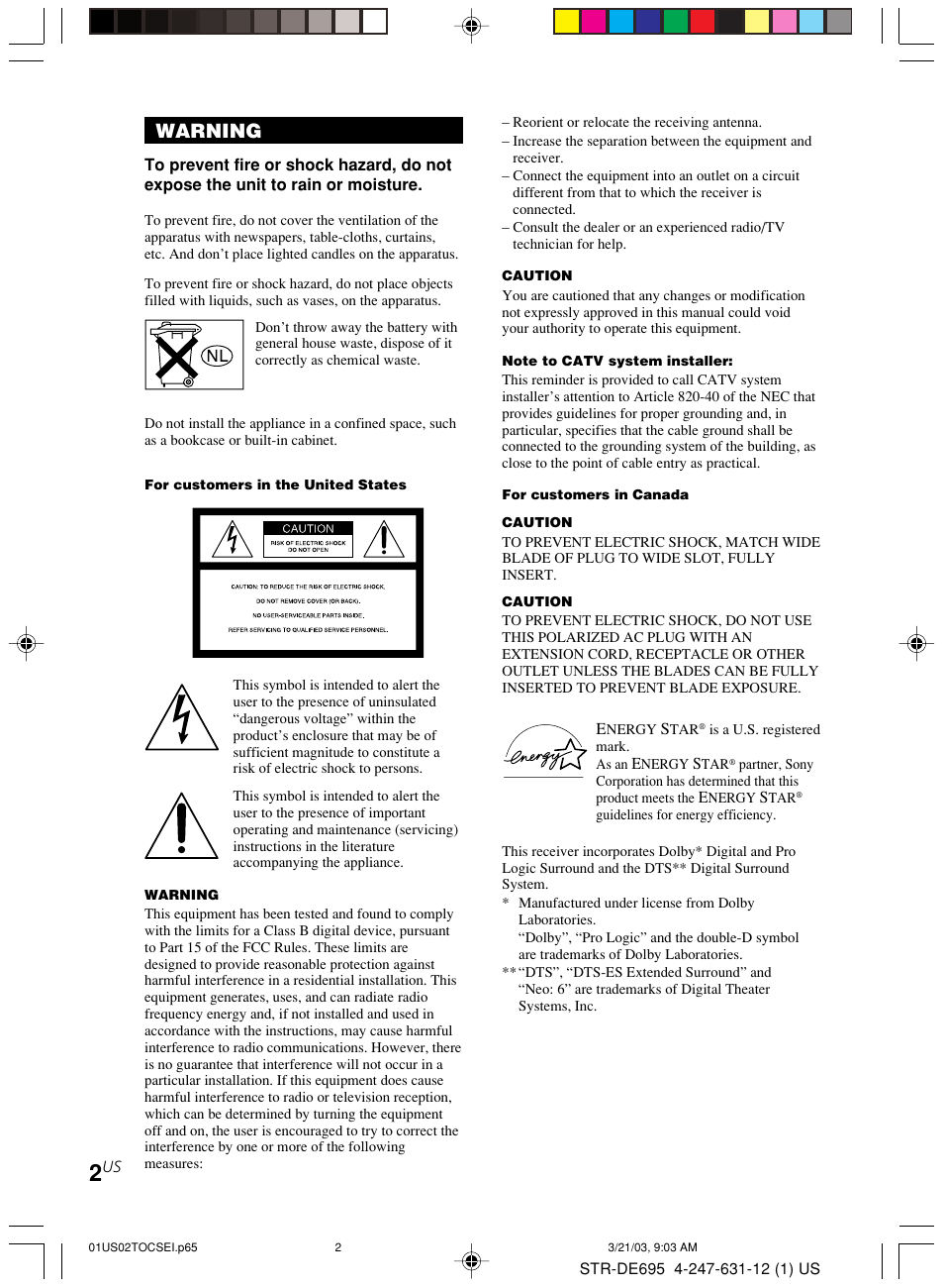 Warning | Sony STR-DE695 User Manual | Page 2 / 60