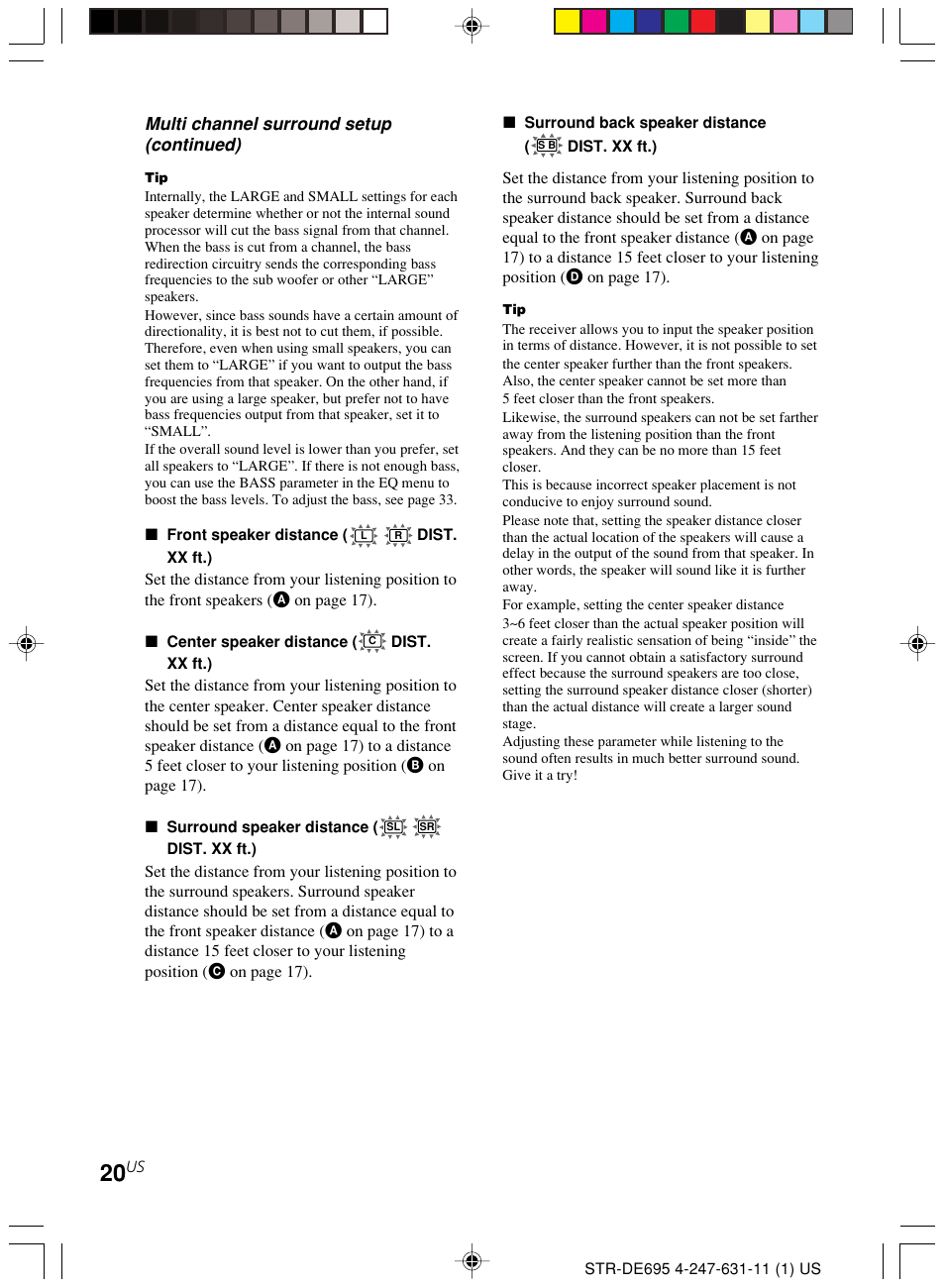 Multi channel surround setup (continued) | Sony STR-DE695 User Manual | Page 20 / 60