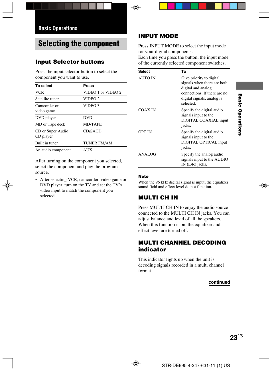 Basic operations, Selecting the component, Input selector buttons | Input mode, Multi ch in, Multi channel decoding indicator | Sony STR-DE695 User Manual | Page 23 / 60