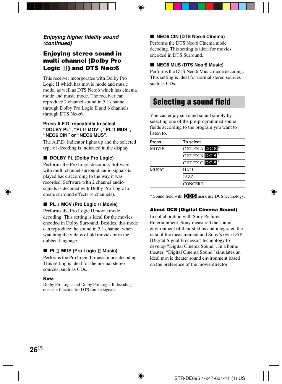 Selecting a sound field | Sony STR-DE695 User Manual | Page 26 / 60