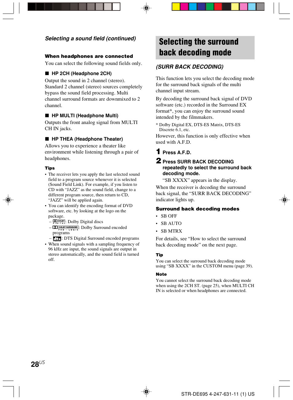 Selecting the surround back decoding, Mode (surr back decoding), Selecting the surround back decoding mode | Sony STR-DE695 User Manual | Page 28 / 60