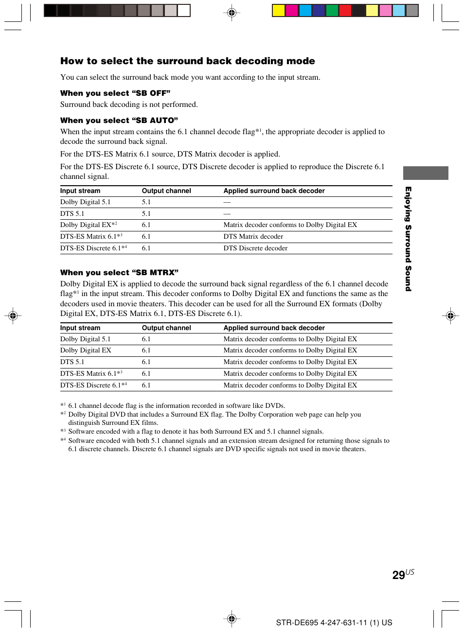How to select the surround back decoding mode | Sony STR-DE695 User Manual | Page 29 / 60