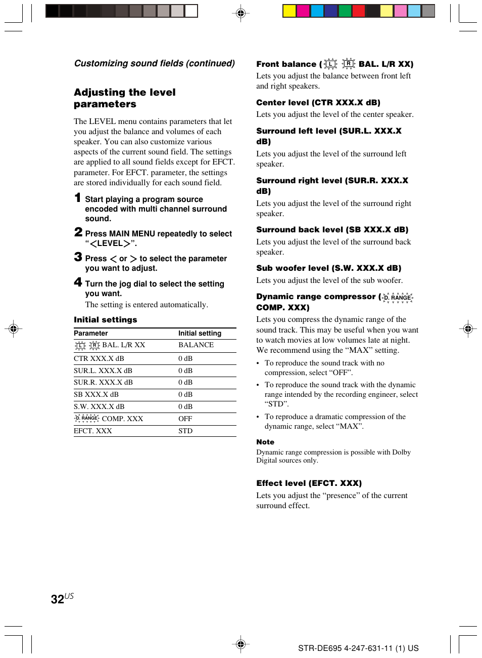 Adjusting the level parameters | Sony STR-DE695 User Manual | Page 32 / 60