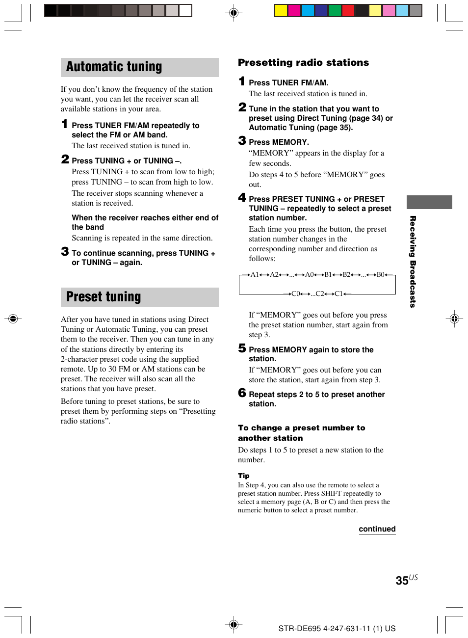 Automatic tuning preset tuning, Automatic tuning, Preset tuning | Sony STR-DE695 User Manual | Page 35 / 60