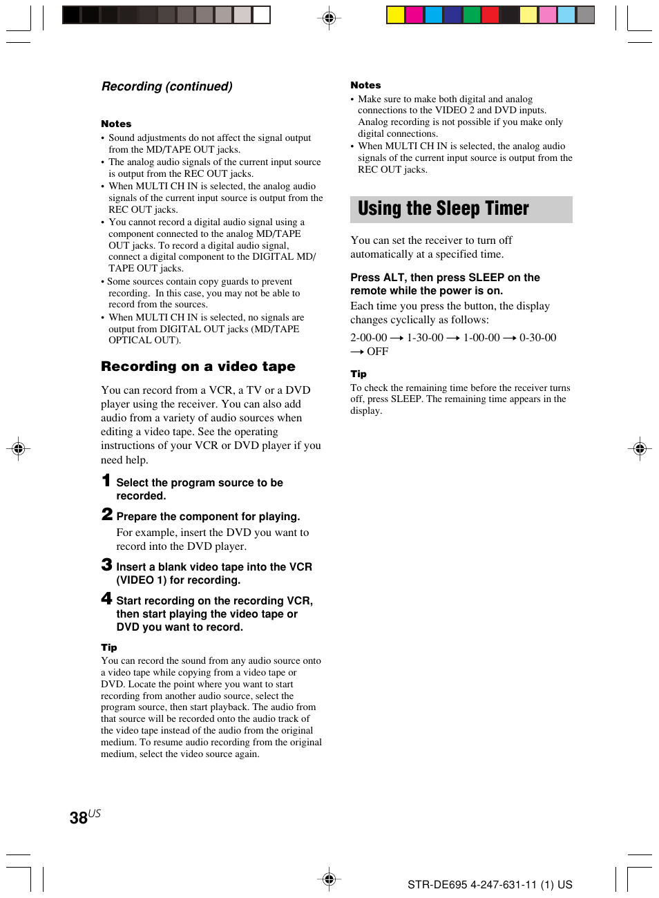 Using the sleep timer | Sony STR-DE695 User Manual | Page 38 / 60