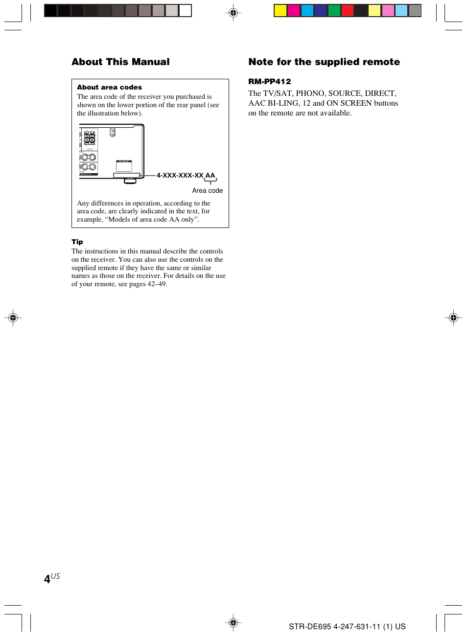 About this manual, Rm-pp412, Xxx-xxx-xx aa area code | About area codes | Sony STR-DE695 User Manual | Page 4 / 60