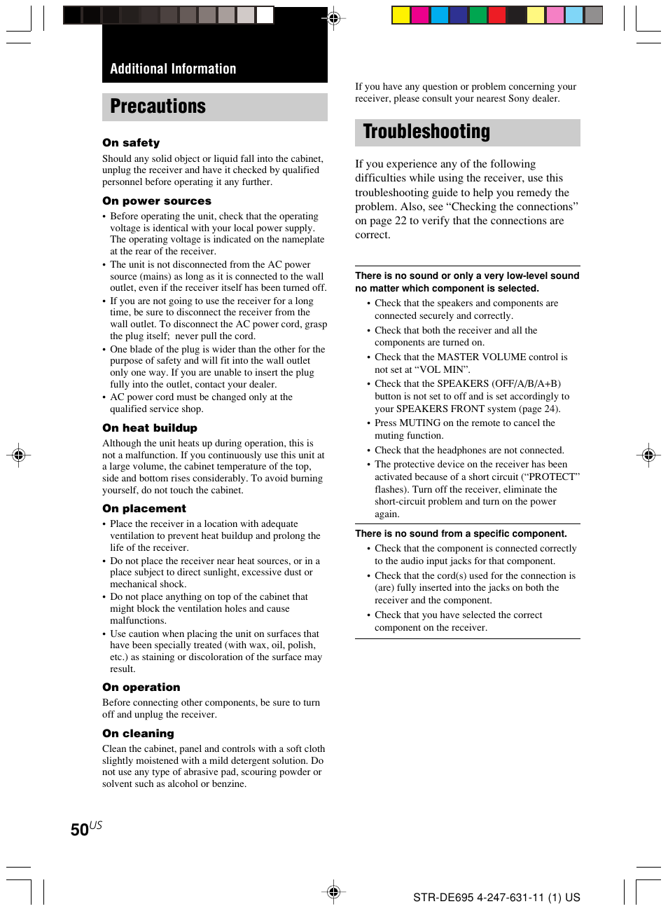 Additional information, Precautions troubleshooting, Troubleshooting | Precautions | Sony STR-DE695 User Manual | Page 50 / 60