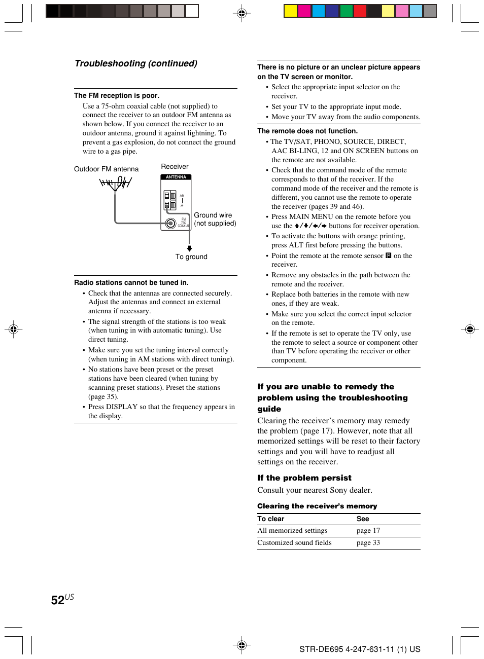 Troubleshooting (continued) | Sony STR-DE695 User Manual | Page 52 / 60