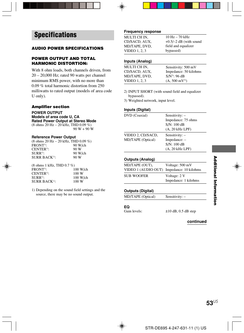 Specifications | Sony STR-DE695 User Manual | Page 53 / 60